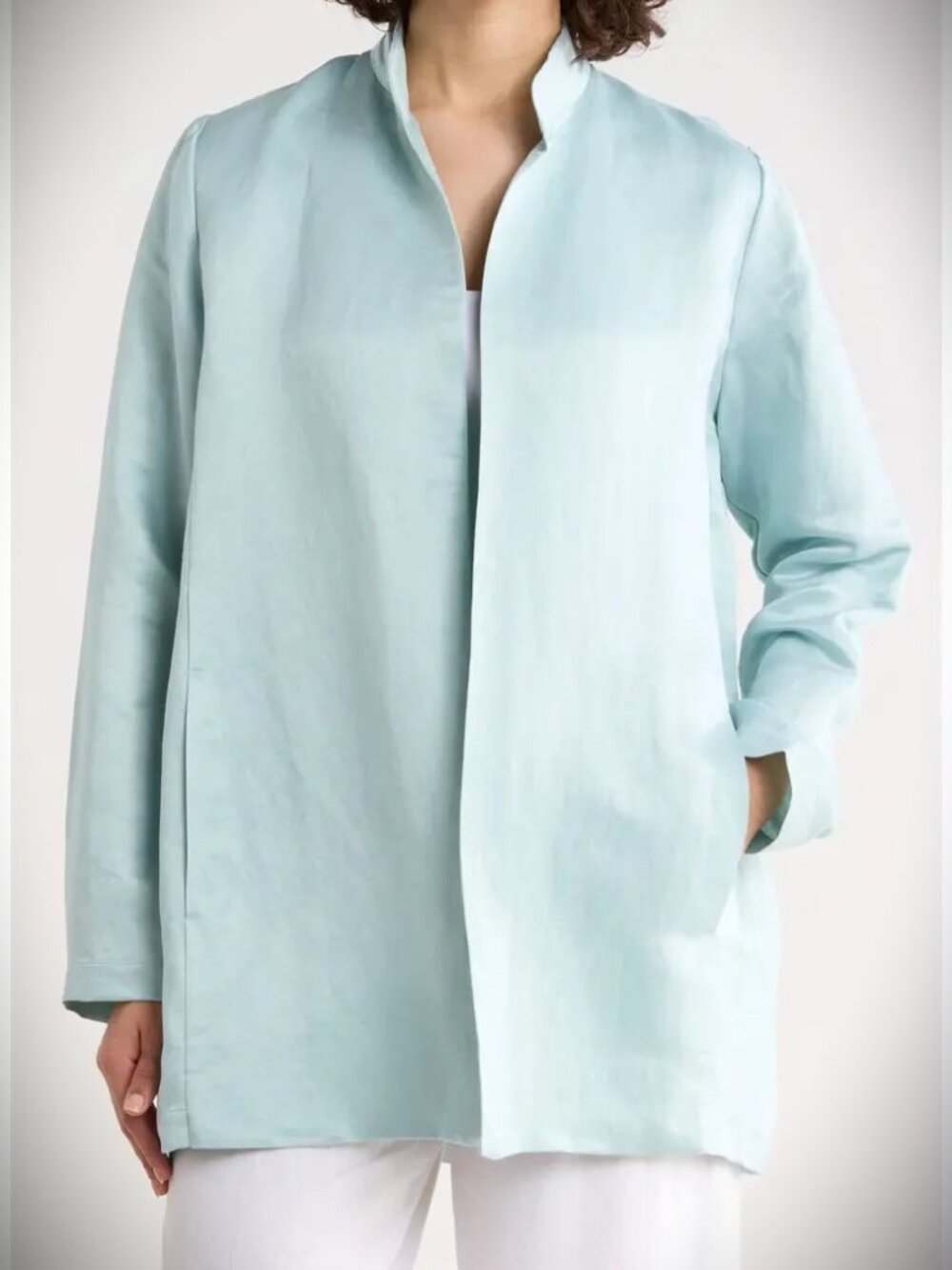 EILEEN FISHER Long Linen & Silk Stand Collar Pool Color Jacket Size L